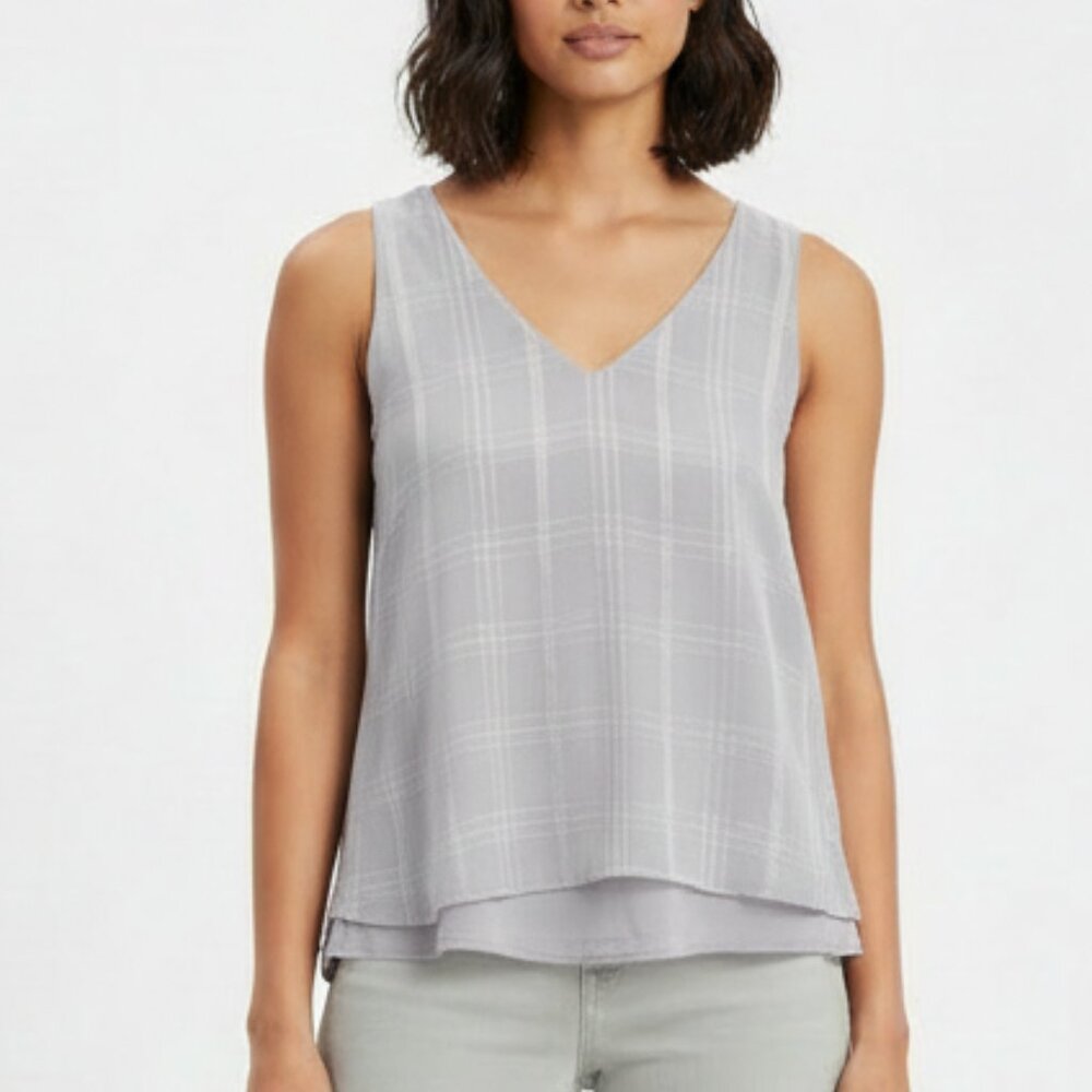 Lila Rose Sleeveless Layered Gray Check V Neck Blouse